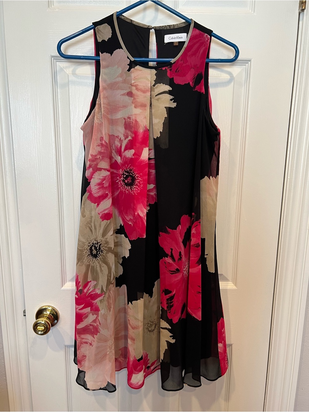 Calvin Klein Black Midi Shift Dress with Pink and Cream Floral Print